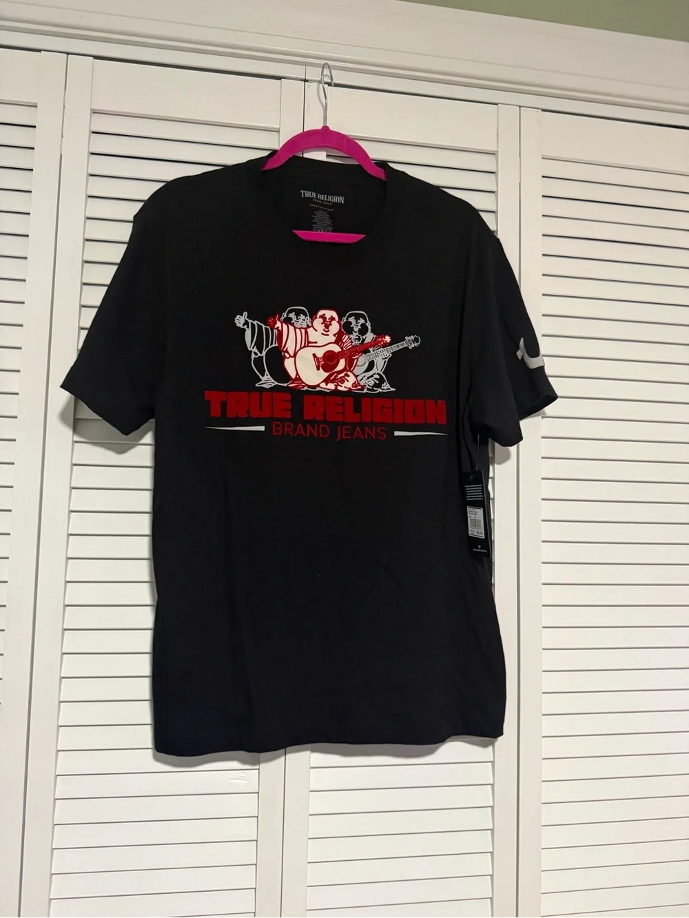 True Religion Black Short-Sleeve Tee with Red & White Logo